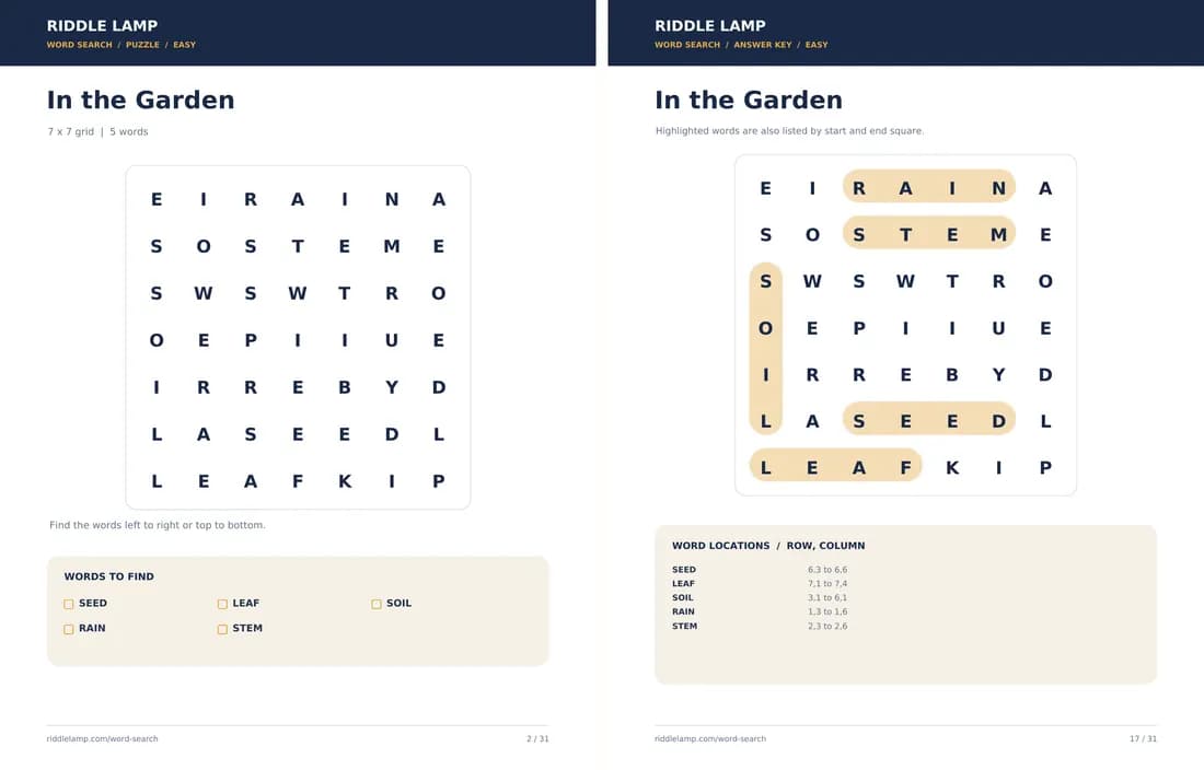 Preview of a 7 × 7 easy word search page and its answer key from the free Riddle Lamp pack