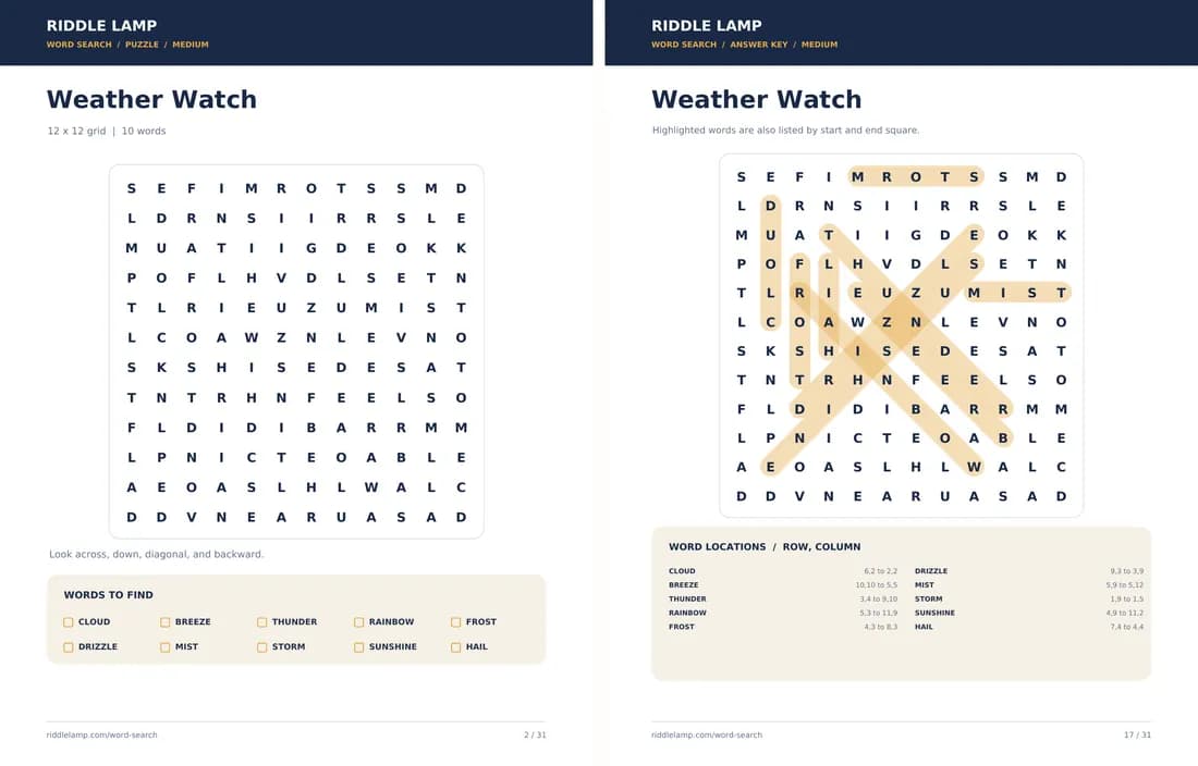 Preview of a 12 × 12 medium word search page and its answer key from the free Riddle Lamp pack